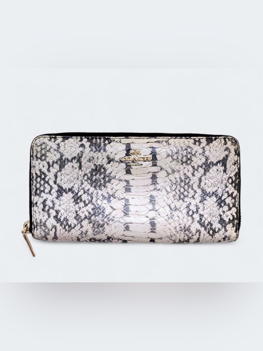 Coach Python Embossed Zip Wallet Black White Snake Exotic Print Accordion Style